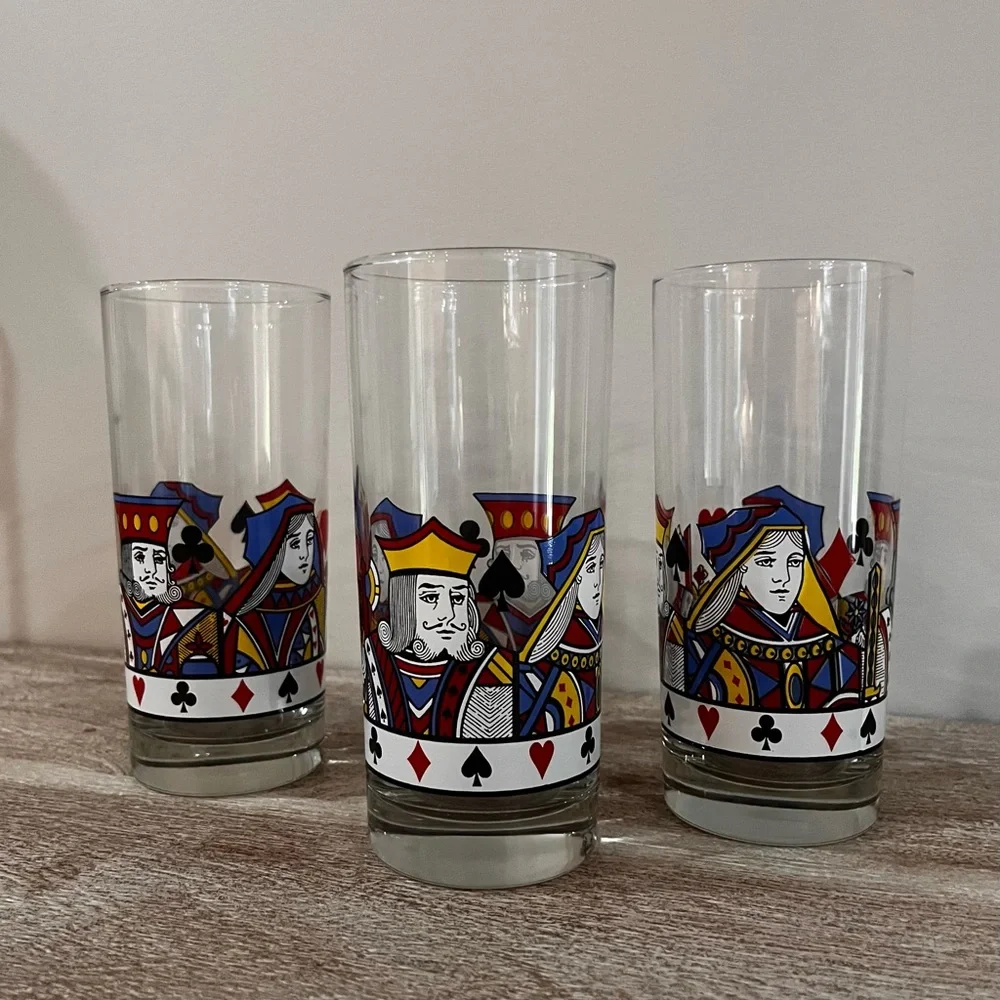 Vintage Libbey King Queen Playing Card Themed Glassware -Set of 3-